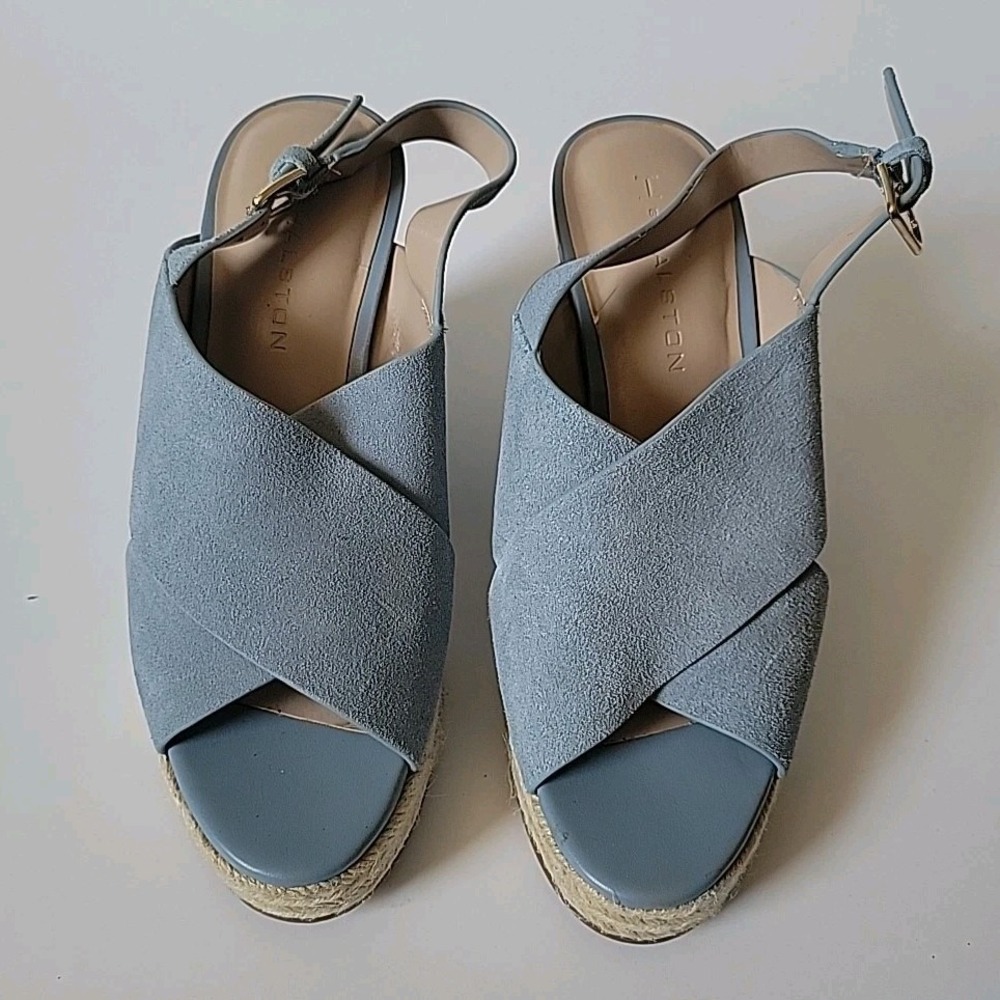 H Halston Stella Slingback Sandals 8.5M Powder Blue Suede Chambray Wedge Heel - Picture 2 of 16
